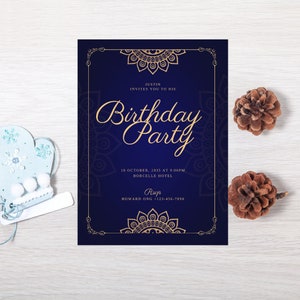 May include: A navy blue birthday party invitation with gold text and decorative elements. The invitation includes the text "Birthday Party", date, time, and RSVP information. Two pinecones and a decorative mitten are also present.