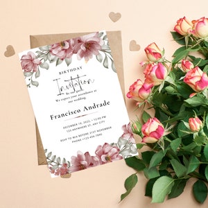 May include: A birthday invitation with floral accents. The invitation features a watercolor design with burgundy flowers and green leaves. The text reads "Birthday Invitation" and includes event details. A bouquet of pink and yellow roses is in the background.