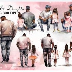 Black Father&#39;s Day w/ Daughter Watercolor Bundle, Printable, Digital Download, Father&#39;s Day Gift, Best Dad, Dad Life PNG