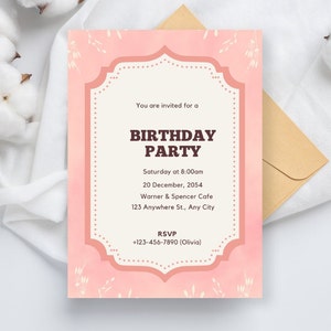 May include: A pink birthday party invitation with a decorative frame and the text "BIRTHDAY PARTY". The invitation includes the date, time, location, and RSVP information. A gold envelope is visible.