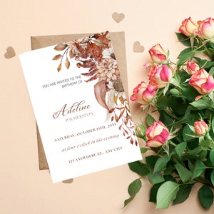 May include: A birthday invitation with floral and botanical illustrations. The invitation reads "YOU ARE INVITED TO THE BIRTHDAY OF Adeline PALMERSTON SATURDAY, OCTOBER 15TH, 2055 at four o'clock in the evening 123 ANYWHERE ST., ANY CITY." A bouquet of roses is to the right.