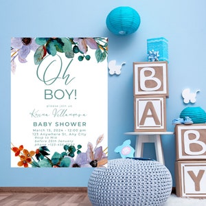 May include: A baby shower invitation with the text "Oh BOY!" and floral watercolor accents in teal, purple, and orange. The invitation includes the date, time, and location details. Decorative blocks spell "BABY".