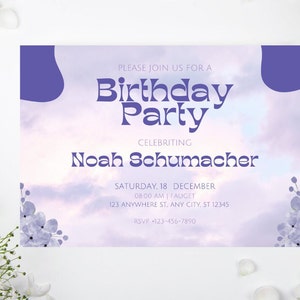 May include: A lavender and white birthday party invitation with the text "Birthday Party" in a stylized font. The invitation includes the name "Noah Schumacher", event details, and RSVP information. Floral accents and a cloudy background complete the design.