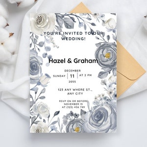 May include: Wedding invitation featuring a floral design in shades of gray and white. The invitation includes the text "YOU'RE INVITED TO OUR WEDDING!" and details for Hazel & Graham's wedding on December 11th at 2 PM. RSVP information is also included.