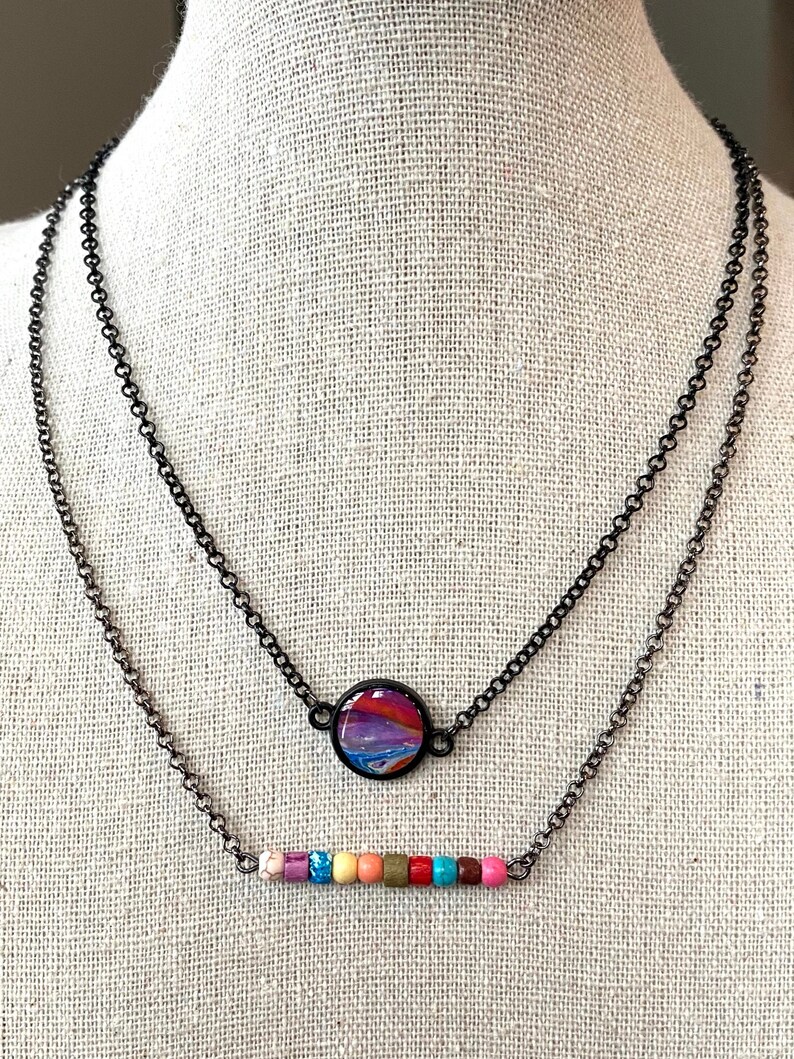 Super Colorful 2-Layer Necklace with Paint Pour Pendant and Bead Bar