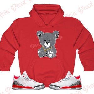 Teddy Bear Hoodie to Match Jordan Retro 3 Fire Red, Retro 3 Fire Red Hoodie, Jordan 3 Fire Red Sneaker Hoodie