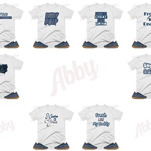 May include: A collage of ten images featuring white t-shirts with various blue text designs and blue trainers. The text on the shirts includes "Little Sneakerhead", "Baby Drip", "Can't Cheat The Grind", "Fresh Death", "23", "Hustle Grind", "Gucci Gang", and "Fresh Like My Daddy".
