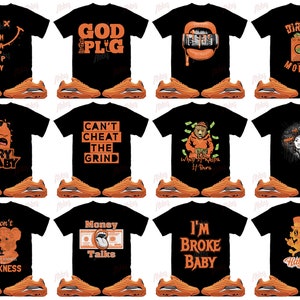 May include: A selection of black t-shirts with orange graphics and text, alongside orange trainers. The shirts display diverse designs, including phrases such as "CAN'T CHEAT THE GRIND" and "MONEY TALKS". The trainers have a distinctive wavy sole.