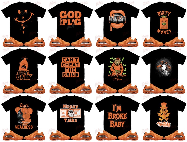 May include: A selection of black t-shirts with orange graphics and text, alongside orange trainers. The shirts display diverse designs, including phrases such as "CAN'T CHEAT THE GRIND" and "MONEY TALKS". The trainers have a distinctive wavy sole.