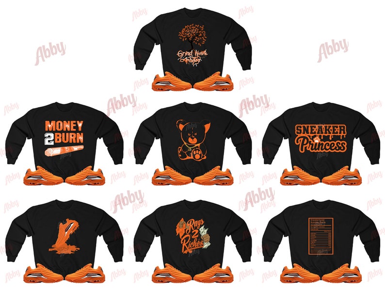 May include: A selection of black sweatshirts featuring orange designs and text, alongside orange trainers. The graphics include phrases such as "Money 2 Burn" and "Sneaker Princess", and illustrations of a bear and a tree.
