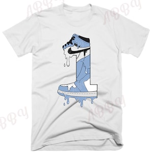 TheOneStopShopByAbby Number Shoe Dripping Air Jordan Retro 1 OG University Blue Sneaker Tee Retro 1 University Blue Shirt Blue Light Blue Retro 1 Tee