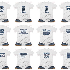 May include: A collage of ten white t-shirts featuring various blue and white graphic designs. The designs include text and images related to money, trainers, and royalty. Each t-shirt is paired with a pair of blue and brown trainers.