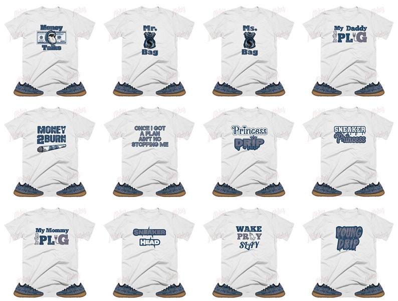 May include: A collage of ten white t-shirts featuring various blue and white graphic designs. The designs include text and images related to money, trainers, and royalty. Each t-shirt is paired with a pair of blue and brown trainers.