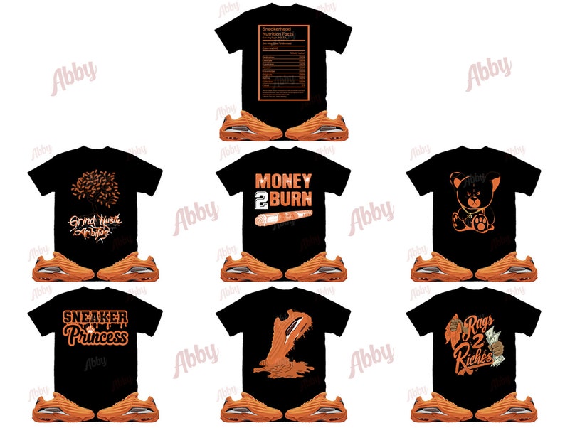 Op de afbeelding: Een set van zes zwarte T-shirts met verschillende oranje grafische ontwerpen. De ontwerpen omvatten een boom met de woorden "Grind Hustle Ambition", een beer met een gouden ketting, een basketbal met de woorden "Money 2 Burn", een sneaker met de woorden "Sneaker Princess", een basketbal met de woorden "Rags 2 Riches", en een basketbal met een basketbalring. De T-shirts worden gecombineerd met oranje en zwarte sneakers.