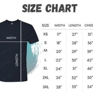 Puede incluir: Tabla de tallas para una camiseta, que muestra las medidas en pulgadas para el ancho, la longitud y el pecho para ajustar. Las tallas van de XS a 3XL.