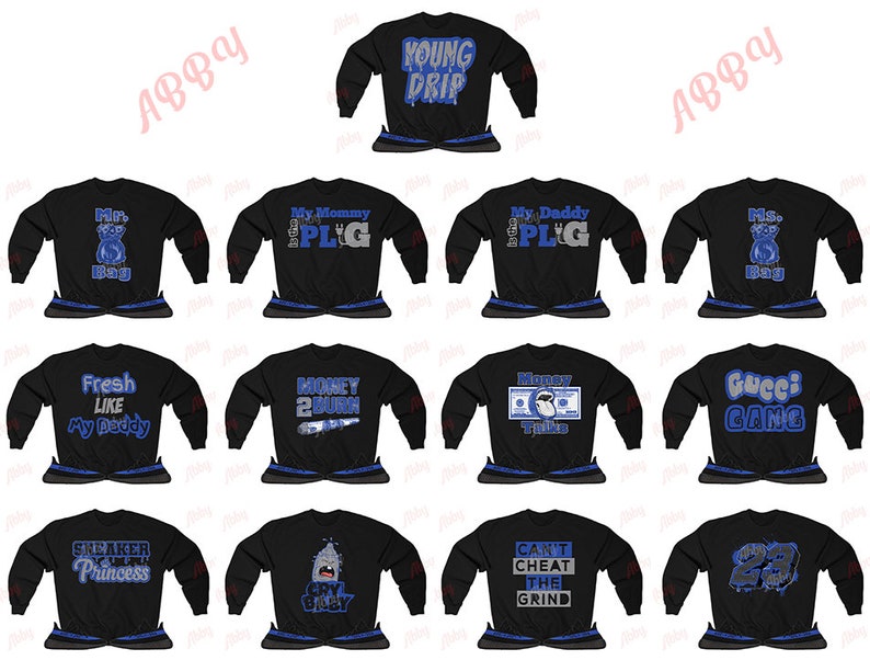 May include: A set of 10 black long-sleeved shirts with blue and silver glitter designs. The designs include "Young Drip", "My Mommy is the Plug", "My Daddy is the Plug", "Mr. Big Bag", "Fresh Like My Daddy", "Money 2 Burn", "Money Talks", "Gucci Gang", "Sneaker Princess", "Can't Cheat the Grind", and "23".