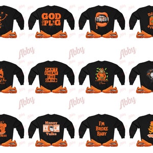 May include: Selection of black sweatshirts featuring orange graphics and text, such as a crying face and the phrase "CAN'T CHEAT THE GRIND". Each is displayed with orange trainers.
