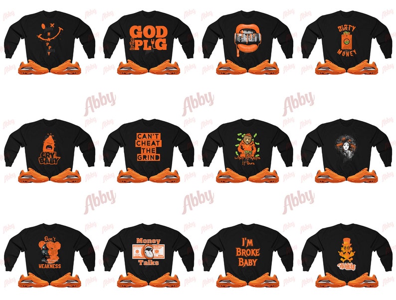 May include: Selection of black sweatshirts featuring orange graphics and text, such as a crying face and the phrase "CAN'T CHEAT THE GRIND". Each is displayed with orange trainers.
