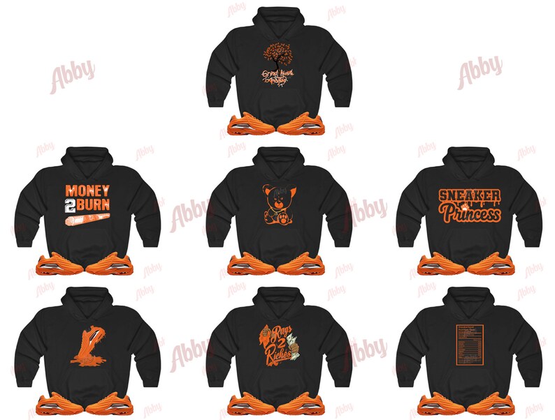 May include: Several black hoodies with orange designs and text, such as "Money 2 Burn" and "Sneaker Princess." Each hoodie is displayed with a pair of orange trainers, presenting a coordinated streetwear style.