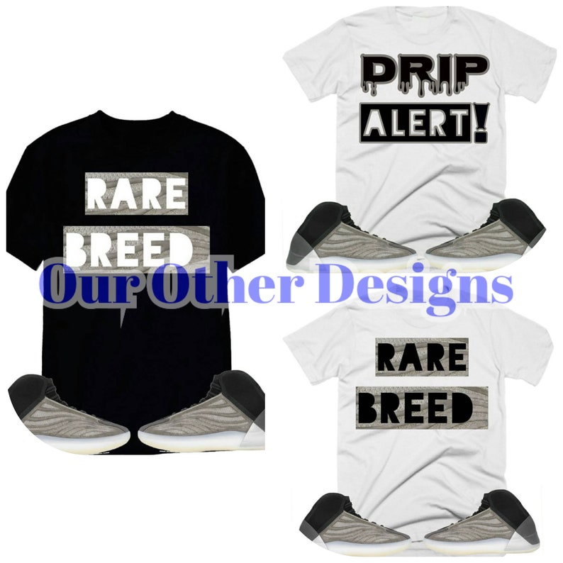 May include: Two t-shirts with different designs. One black t-shirt with the text "RARE BREED" and one white t-shirt with the text "DRIP ALERT!"  Both t-shirts are paired with a pair of grey and white trainers.