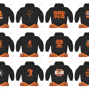 May include: A selection of black hoodies featuring orange graphic prints and text, alongside orange trainers. The designs include phrases such as "CAN'T CHEAT THE GRIND" and "MONEY TALKS".