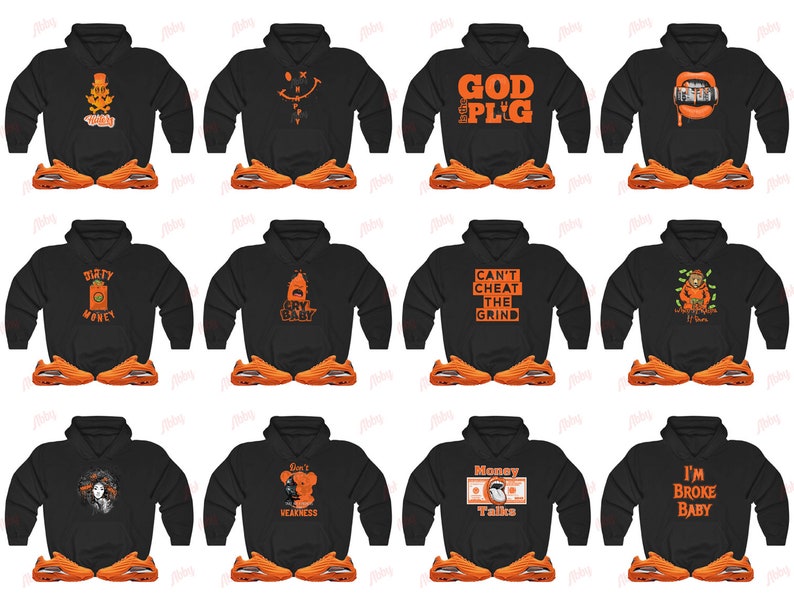 May include: A selection of black hoodies featuring orange graphic prints and text, alongside orange trainers. The designs include phrases such as "CAN'T CHEAT THE GRIND" and "MONEY TALKS".
