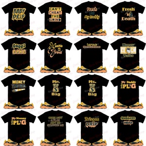 May include: A collage of 16 different t-shirt designs featuring various phrases and graphics. The shirts are all black with gold and orange accents. The phrases include "Baby Drip", "Can't Cheat the Grind", "Fresh Like My Daddy", "Fresh to Death", "Gucci Gang", "Hustle Grind", "Little Sneakerhead", "Money Talks", "Money Zburn", "Mr. Bag", "Ms. Bag", "My Daddy PLG", "My Mommy PLG", "Once I Got a Plan Ain't No Stopping Me", "Princess Drip", and "Sneaker Head".
