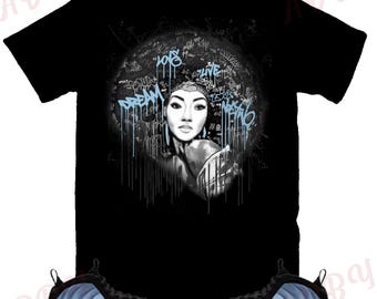 Camisa Afro Lady a juego con Foamposite One Psychic Blue, camiseta Foamposite One Psychic Blue
