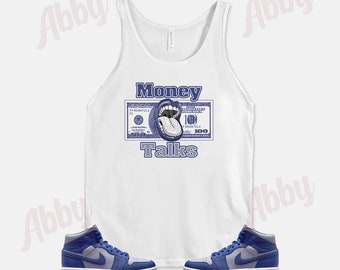 Camiseta sin mangas Money Talks para combinar con las zapatillas Air Jordan Retro 1 Mid Deep Royal Iron Purple, Retro 1 Mid Deep Royal Iron Purple