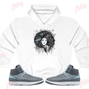 Afro Lady Hoodie to Match Jordan Retro 2 Ice Blue, Retro 2 Ice Blue Hoodie, Retro 2 Ice Blue Sneaker Hoodie
