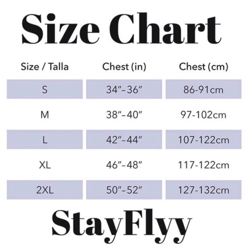 May include: Size chart for clothing with measurements in inches and centimeters. Sizes include S, M, L, XL, and 2XL. Chest measurements are listed for each size.