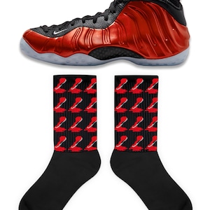 Shoe Dripping Socks to Match Foamposite Metallic Red, Foamposite Metallic Red Socks, Red Foams Socks