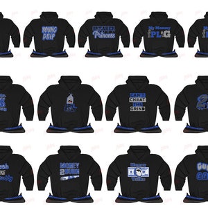 May include: A set of 10 black hoodies with various blue and white graphic designs. The designs include text such as "Young Drip", "Sneaker Princess", "Can't Cheat The Grind", "Money Talks", and "Gucci Gang".