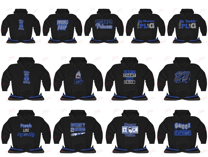 May include: A set of 10 black hoodies with various blue and white graphic designs. The designs include text such as "Young Drip", "Sneaker Princess", "Can't Cheat The Grind", "Money Talks", and "Gucci Gang".