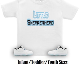 Little Sneakerhead Air Jordan Retro 11 Low Legend Blue Sneaker Tee, Retro 11 Legend Blue Shirt, Light Blue and White 11s Shirt