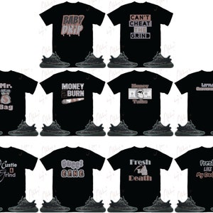 Puede incluir: Un conjunto de ocho camisetas negras con varios dise&ntilde;os gr&aacute;ficos en rosa y blanco. Los dise&ntilde;os incluyen "Baby Drip", "Can't Cheat The Grind", "Mr. Bag", "Money 2 Burn", "Money Talks", "Hustle Grind", "Gucci Gang", "Fresh Like My Daddy" y "Fresh To Death". Cada camiseta se combina con una zapatilla negra y gris.
