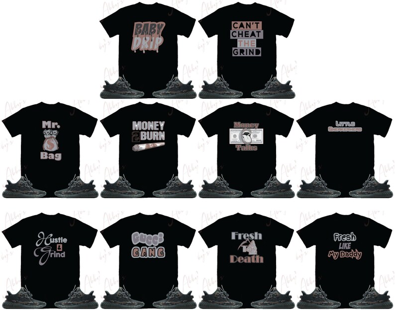 Puede incluir: Un conjunto de ocho camisetas negras con varios dise&ntilde;os gr&aacute;ficos en rosa y blanco. Los dise&ntilde;os incluyen "Baby Drip", "Can't Cheat The Grind", "Mr. Bag", "Money 2 Burn", "Money Talks", "Hustle Grind", "Gucci Gang", "Fresh Like My Daddy" y "Fresh To Death". Cada camiseta se combina con una zapatilla negra y gris.