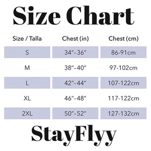 May include: Size chart for clothing with measurements in inches and centimetres. Sizes include S, M, L, XL, and 2XL. Chest measurements are listed for each size.