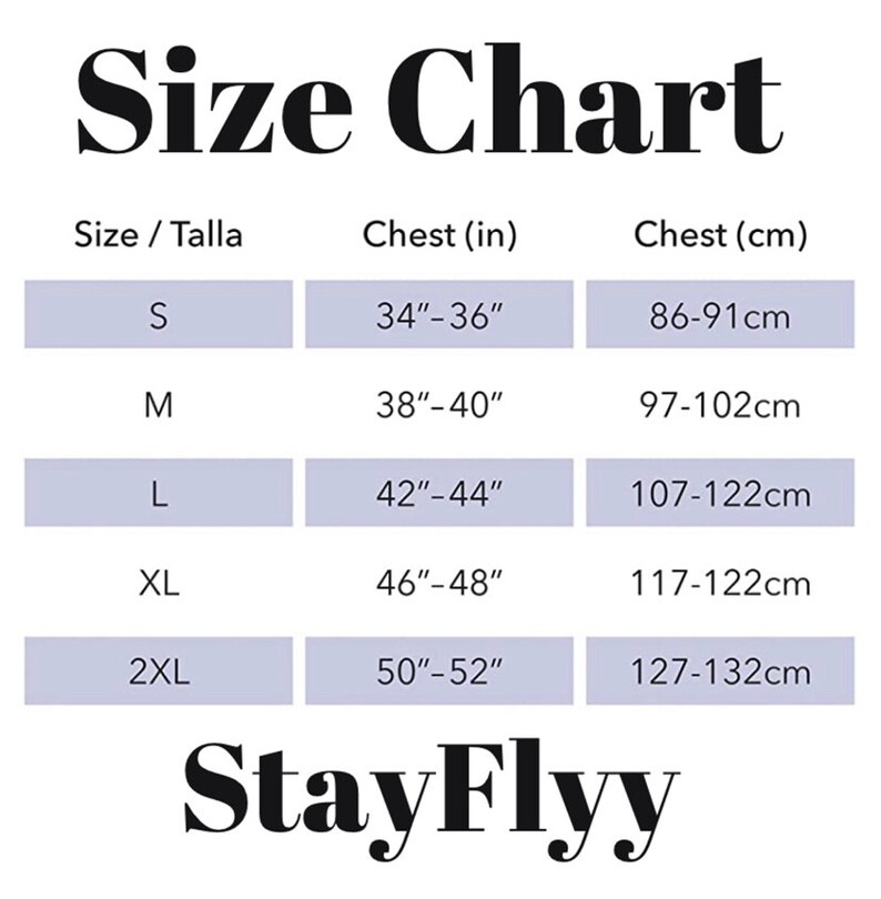 May include: Size chart for clothing with measurements in inches and centimetres. Sizes include S, M, L, XL, and 2XL. Chest measurements are listed for each size.