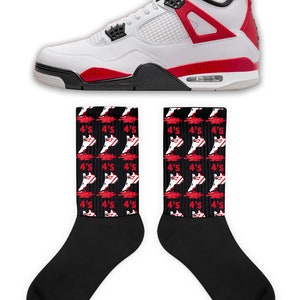 Shoe Drip Socks to Match Retro 4 Red Cement, Jordan 4 Red Cement Socks, Retro 4 Red Cement Sneaker Socks
