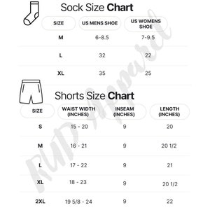 May include: A size chart for socks and shorts. The sock chart includes US men's and women's shoe sizes. The shorts chart lists waist width, inseam, and length in inches. Sizes range from S to 2XL.