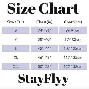 May include: Size chart for clothing with measurements in inches and centimetres. Sizes include S, M, L, XL, and 2XL. Chest measurements are listed for each size.