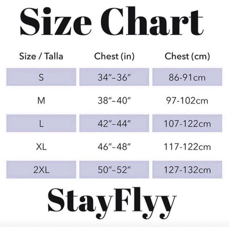 May include: Size chart for clothing with measurements in inches and centimetres. Sizes include S, M, L, XL, and 2XL. Chest measurements are listed for each size.