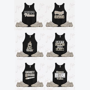 Puede incluir: Tres conjuntos de camisetas sin mangas negras con diferentes dise&ntilde;os gr&aacute;ficos y un par de zapatillas beige. Las camisetas sin mangas presentan el texto "Sneaker Princess", "Gucci Gang", "Can't Cheat The Grind", "Money 2 Burn" y "Money Talks".