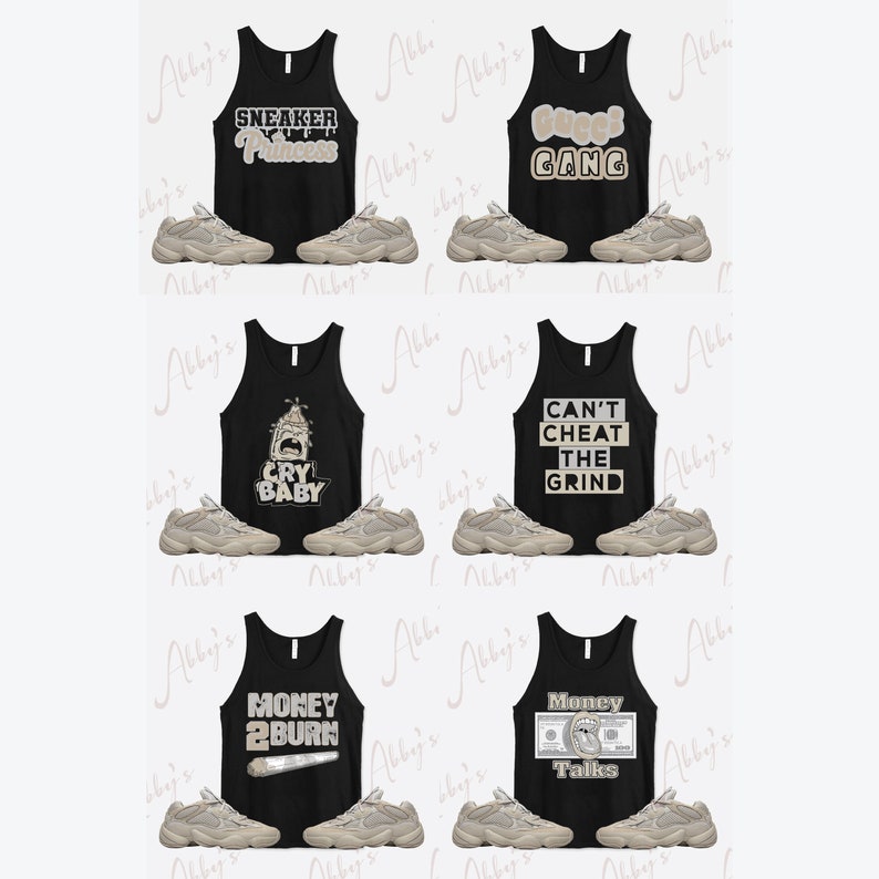 Puede incluir: Tres conjuntos de camisetas sin mangas negras con diferentes dise&ntilde;os gr&aacute;ficos y un par de zapatillas beige. Las camisetas sin mangas presentan el texto "Sneaker Princess", "Gucci Gang", "Can't Cheat The Grind", "Money 2 Burn" y "Money Talks".