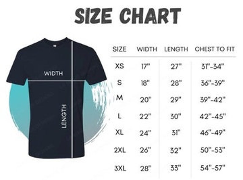 Puede incluir: Tabla de tallas para una camiseta, que muestra las medidas en pulgadas para el ancho, la longitud y el pecho para ajustar. Las tallas van de XS a 3XL.