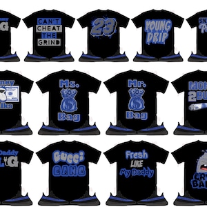 May include: A collage of 10 different t-shirt designs featuring various phrases and graphics, including "My Mommy is the PLG", "Can't Cheat the Grind", "Money Talks", "Ms. Bag", "Mr. Bag", "Money 2 Burn", "My Daddy is the PLG", "Gucci Gang", "Fresh Like My Daddy", and "Cry Baby". Each t-shirt is paired with a pair of black and blue sneakers.