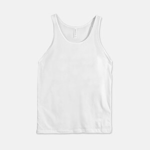 May include: A plain white tank top with a scoop neck.