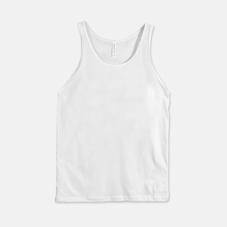 May include: A plain white tank top with a scoop neck.