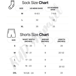 Peut inclure: Tableau des tailles pour chaussettes et shorts avec des mesures en pouces. Le tableau comprend les tailles pour les chaussettes, les shorts, la largeur de la taille, l'entrejambe et la longueur.